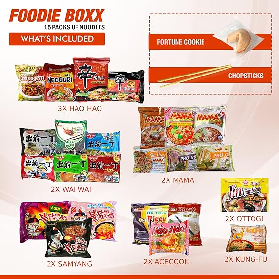 FOODIE BOXX Asian Instant Ramen Noodles Variety Pack with Cookies & Chopsticks (Original)