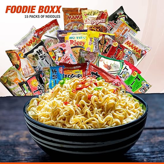 FOODIE BOXX Asian Instant Ramen Noodles Variety Pack with Cookies & Chopsticks (Original)