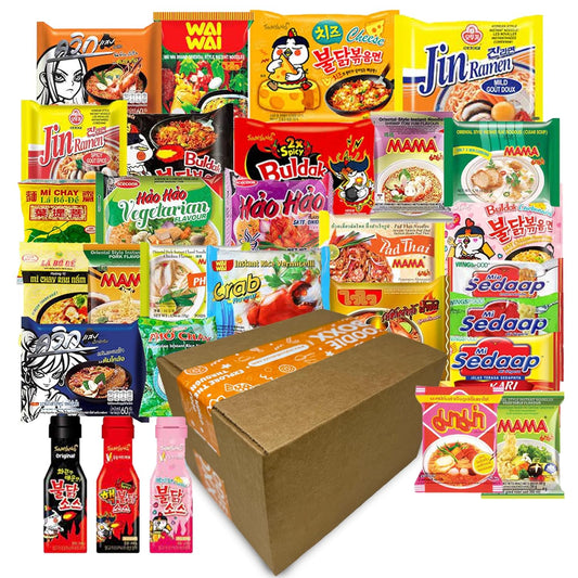 FOODIE BOXX Asian Instant Variety Ramen Noodles Boxx with Samyang Hot Sauce