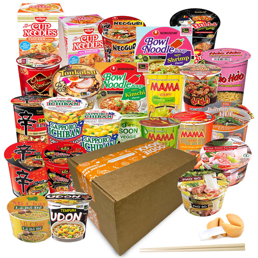 FOODIE BOXX Asian Instant Ramen Noodles Cups Variety Pack with Cookies & Chopsticks (Mixed Noodle Cups)